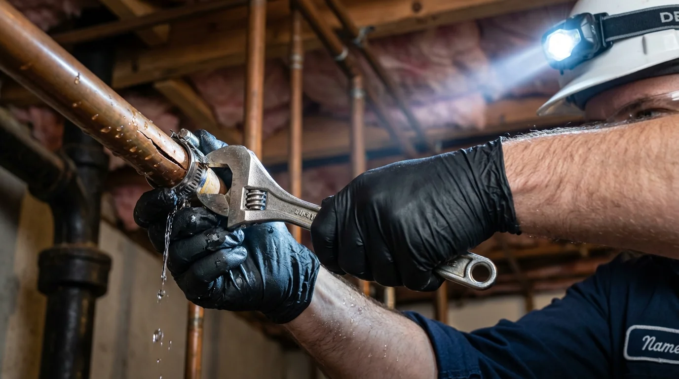 Emergency pipe clamp repair being performed by a Johns Plumbing LLC plumber in Sutter Creek