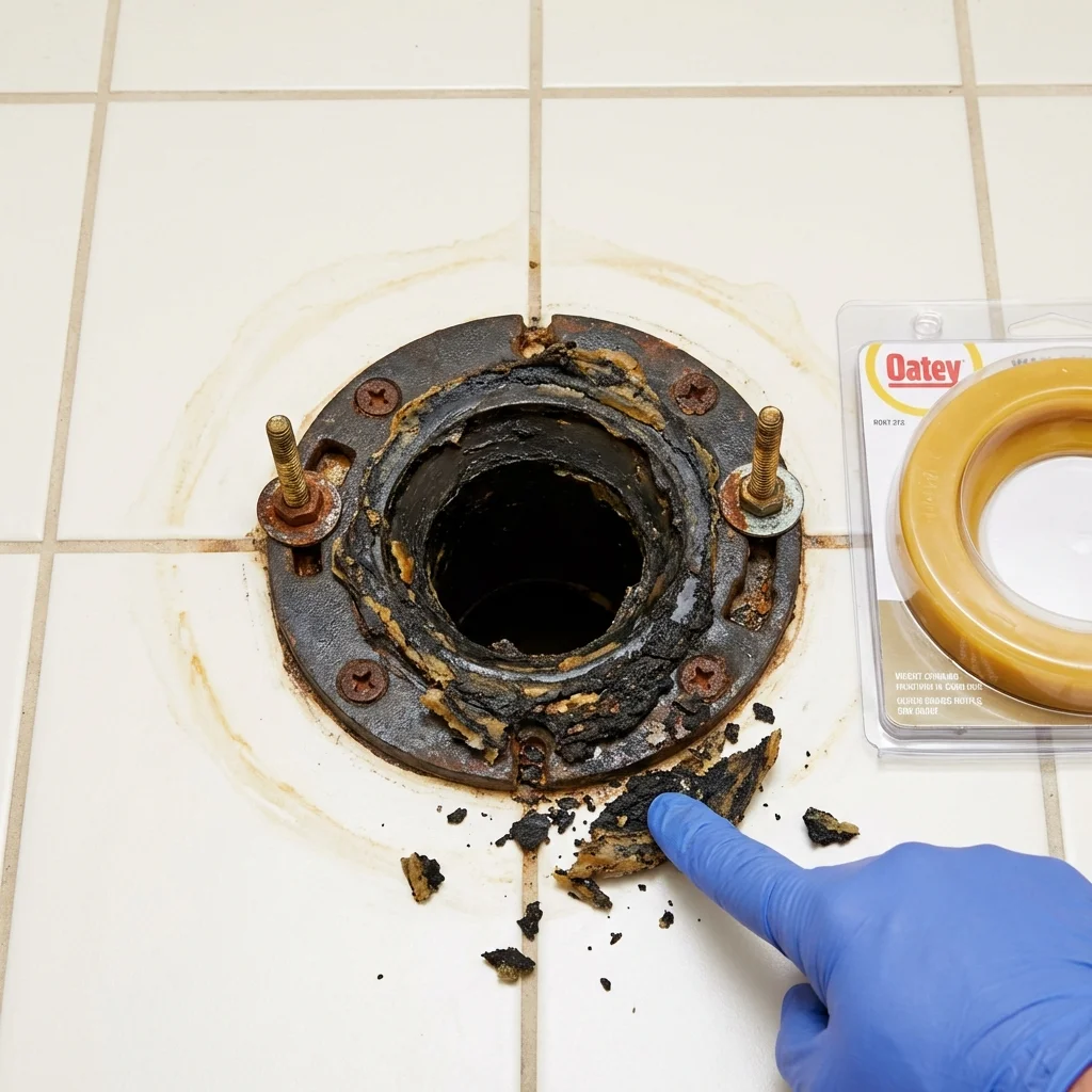 Failed wax ring showing water seepage at the base of a toilet in a Sutter Creek, CA home