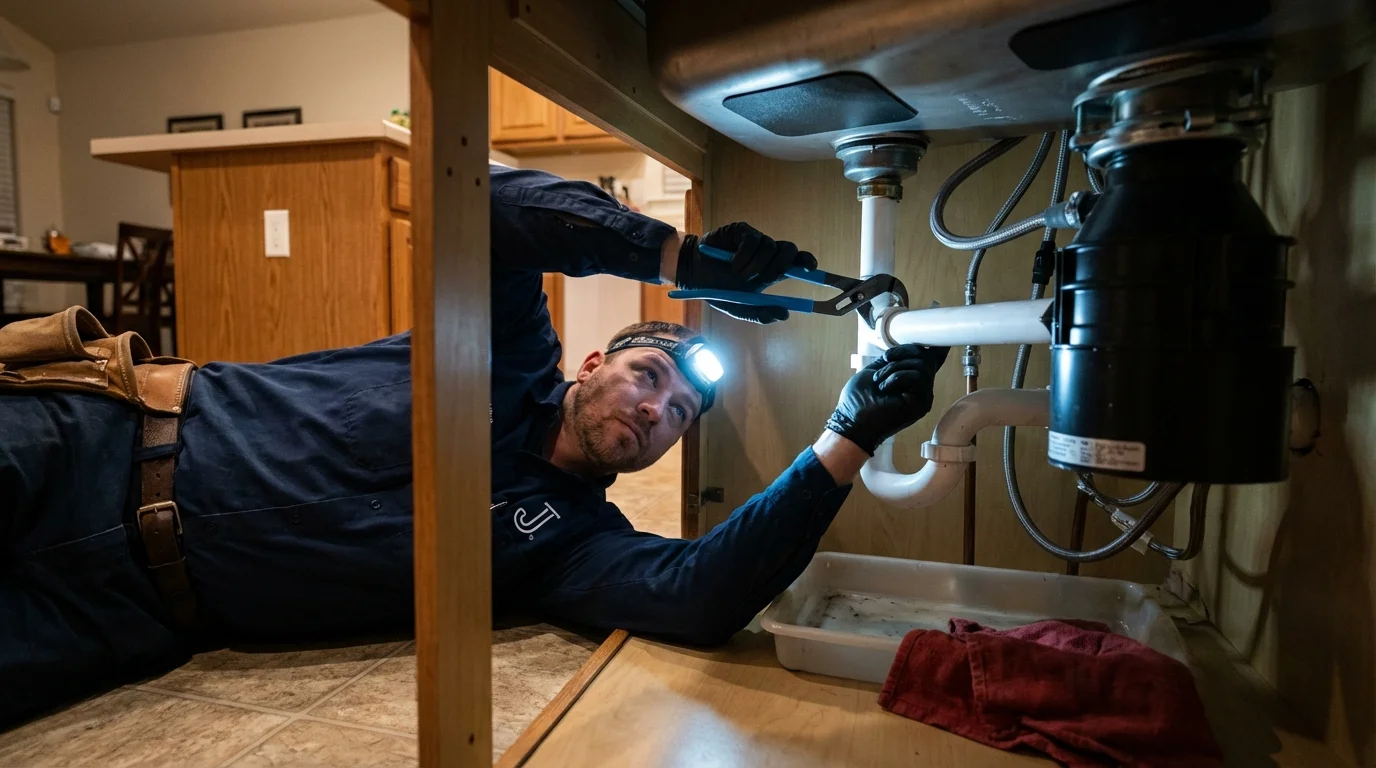 P-trap and supply line connections under a kitchen sink showing a common leak point in Sutter Creek, CA